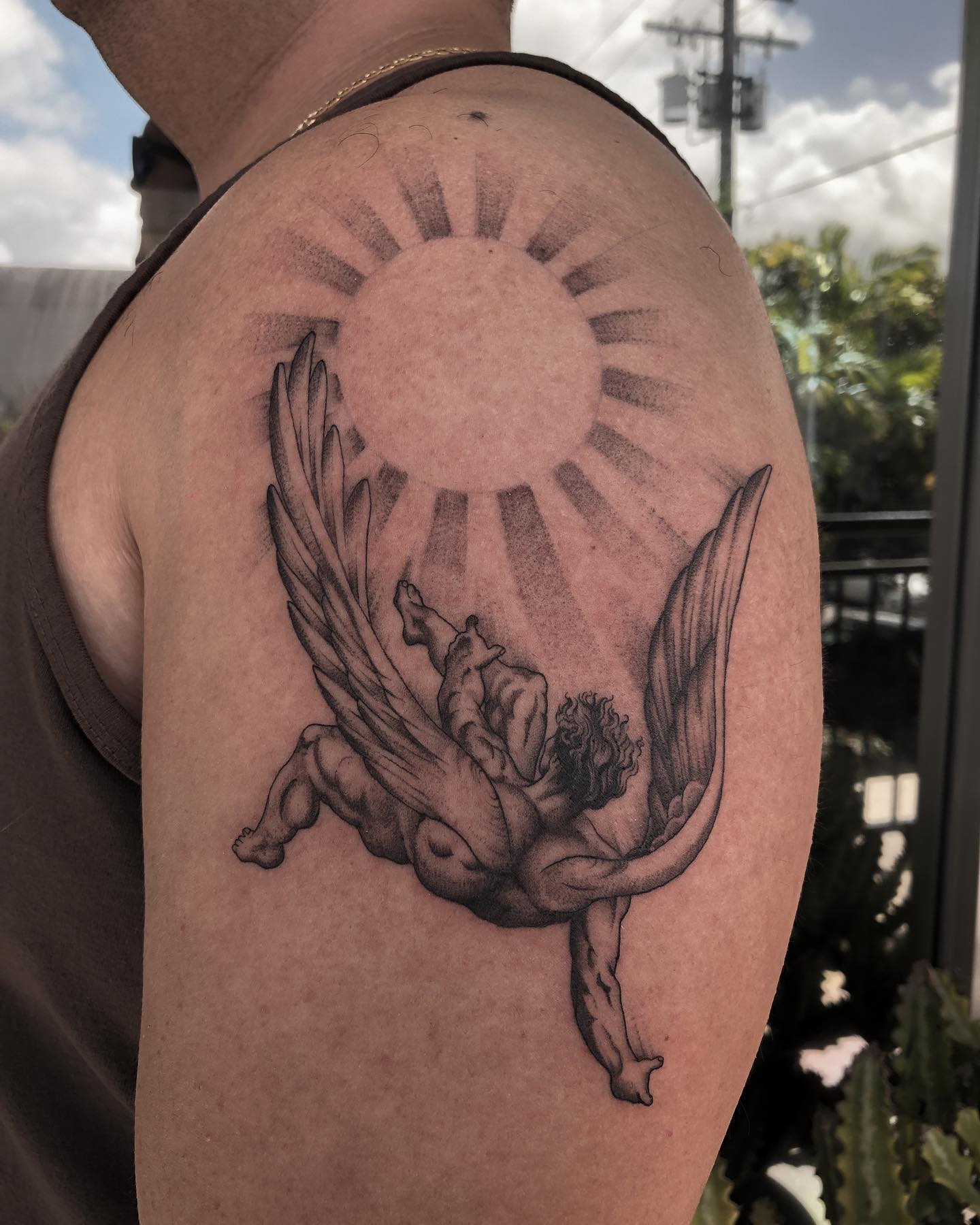 Ornamental Icarus piece by Chetana at Beach Park Tattoo