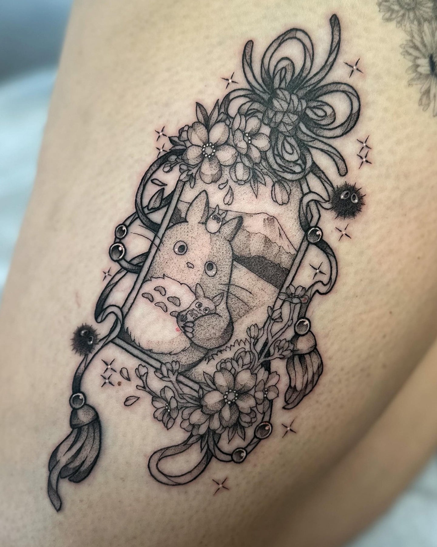 Fine-line Totoro anime tattoo by Hxllcat at Beach Park Tattoo